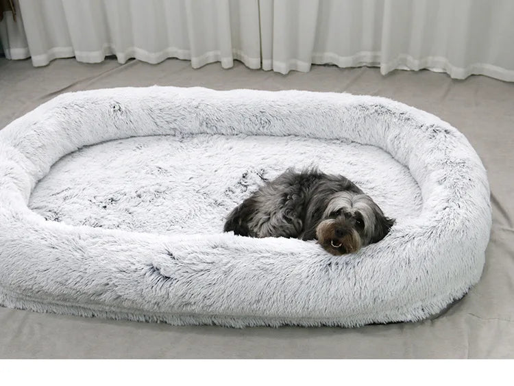 Long Plush Big Dog Bed also as Human Sofa Popular Large One-person Sofa Adult Elliptical Pet Bed Nest