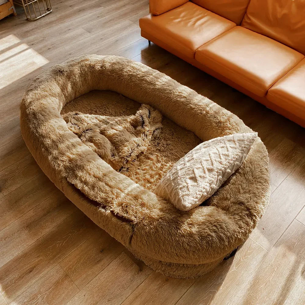 Long Plush Big Dog Bed also as Human Sofa Popular Large One-person Sofa Adult Elliptical Pet Bed Nest