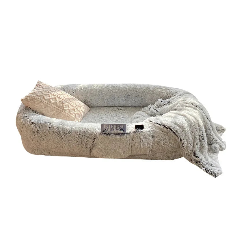 Long Plush Big Dog Bed also as Human Sofa Popular Large One-person Sofa Adult Elliptical Pet Bed Nest