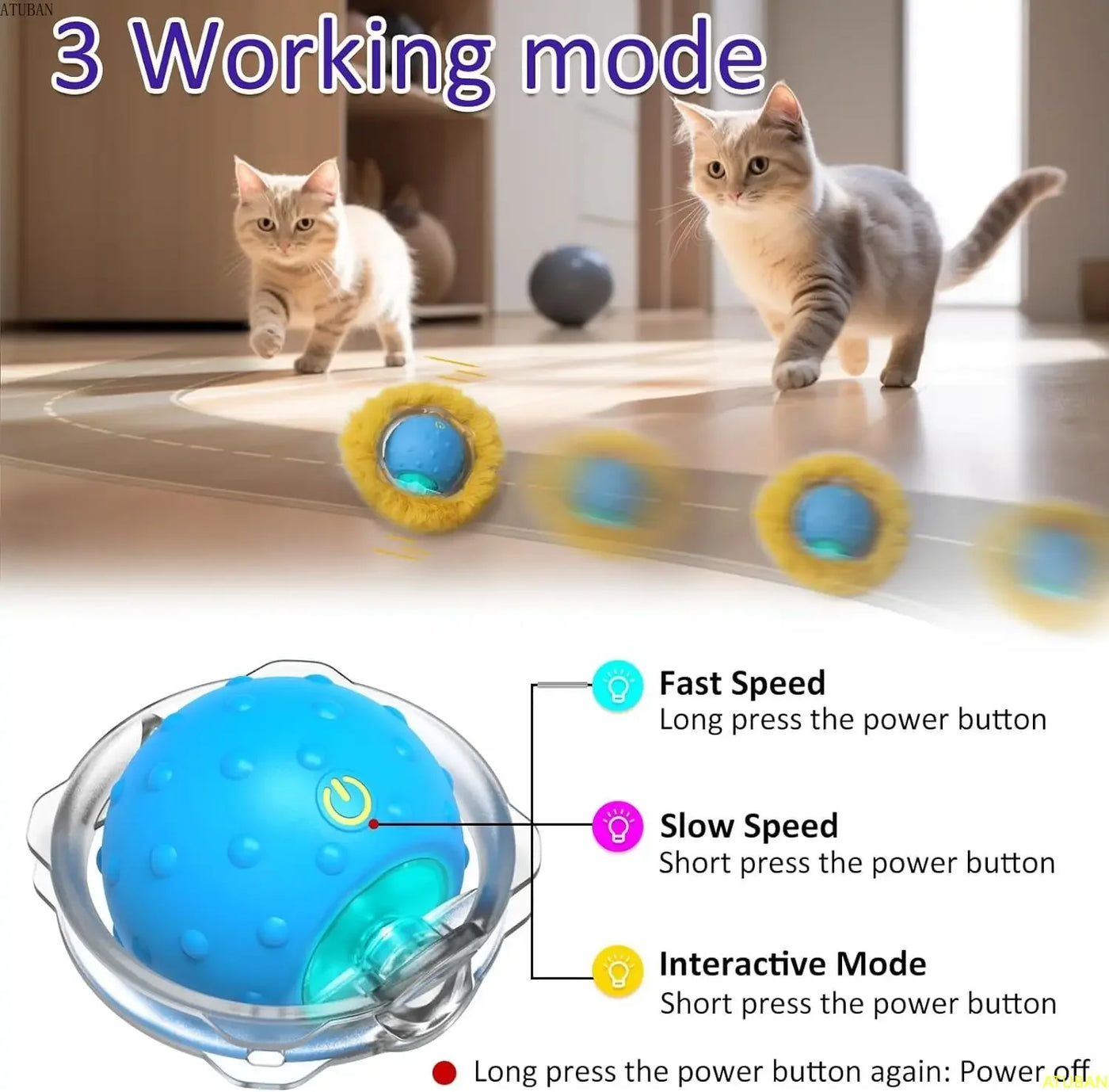 ATUBAN Interactive Cat Toys Ball Fast Rolling in Pouch