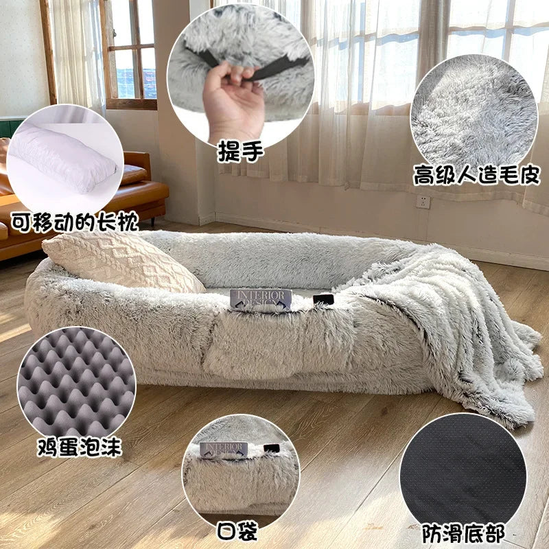 Long Plush Big Dog Bed also as Human Sofa Popular Large One-person Sofa Adult Elliptical Pet Bed Nest